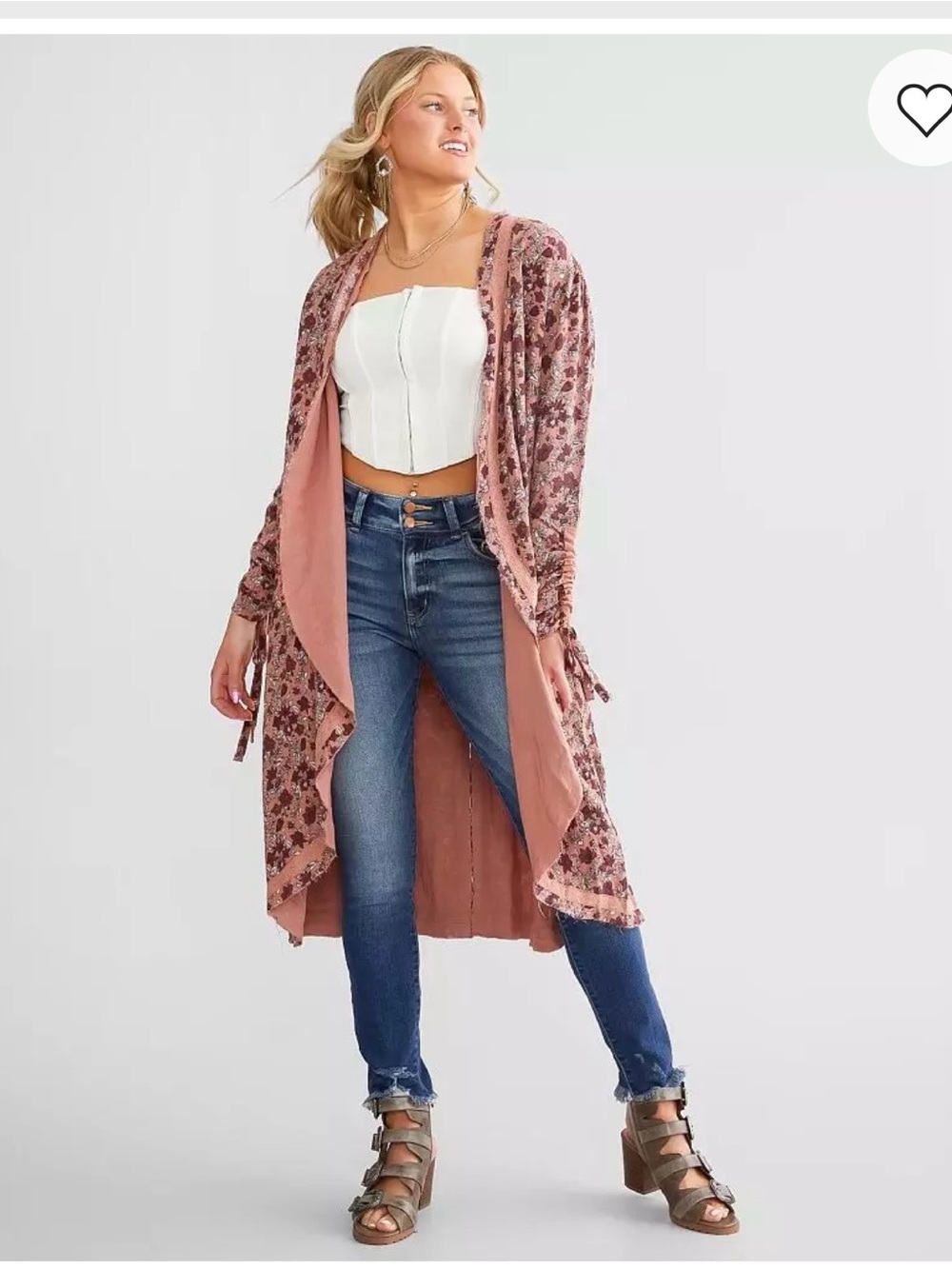 Mauve Floral Duster Cardigan - Long Open Front